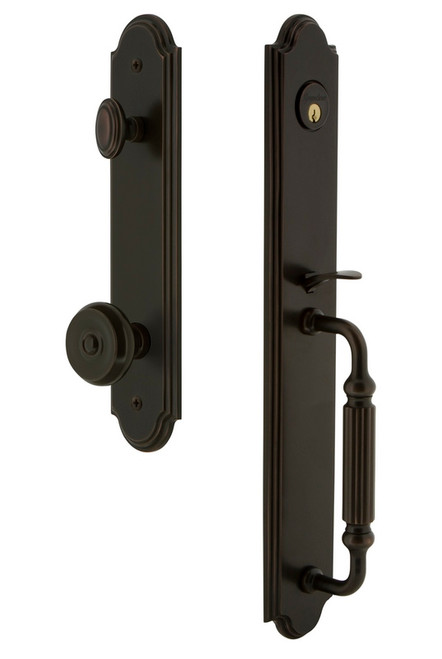 Grandeur Hardware - Arc One-Piece Handleset with F Grip and Bouton Knob in Timeless Bronze - ARCFGRBOU - 843694