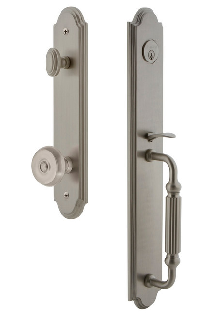 Grandeur Hardware - Arc One-Piece Handleset with F Grip and Bouton Knob in Satin Nickel - ARCFGRBOU - 843683