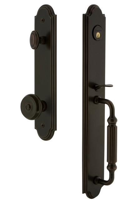 Grandeur Hardware - Arc One-Piece Handleset with F Grip and Bouton Knob in Timeless Bronze - ARCFGRBOU - 843695