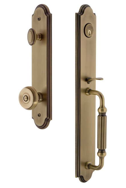 Grandeur Hardware - Arc One-Piece Handleset with F Grip and Bouton Knob in Vintage Brass - ARCFGRBOU - 843707