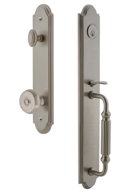 Grandeur Hardware - Arc One-Piece Handleset with F Grip and Bouton Knob in Satin Nickel - ARCFGRBOU - 843684