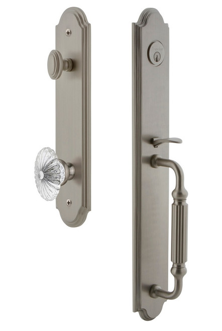 Grandeur Hardware - Arc One-Piece Handleset with F Grip and Burgundy Knob in Satin Nickel - ARCFGRBUR - 843742