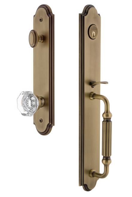 Grandeur Hardware - Arc One-Piece Handleset with F Grip and Chambord Knob in Vintage Brass - ARCFGRCHM - 843828