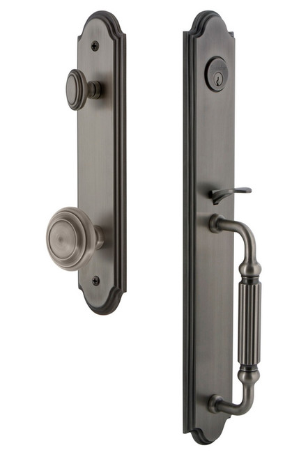 Grandeur Hardware - Arc One-Piece Handleset with F Grip and Circulaire Knob in Antique Pewter - ARCFGRCIR - 843838