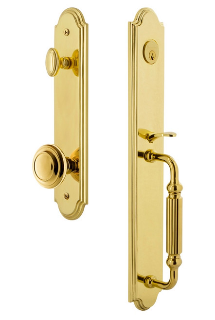 Grandeur Hardware - Arc One-Piece Handleset with F Grip and Circulaire Knob in Lifetime Brass - ARCFGRCIR - 843850