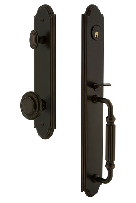 Grandeur Hardware - Arc One-Piece Handleset with F Grip and Circulaire Knob in Timeless Bronze - ARCFGRCIR - 843874