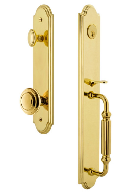 Grandeur Hardware - Arc One-Piece Dummy Handleset with F Grip and Circulaire Knob in Lifetime Brass - ARCFGRCIR - 848526