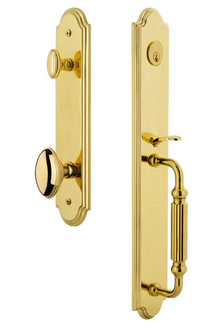 Grandeur Hardware - Arc One-Piece Handleset with F Grip and Eden Prairie Knob in Lifetime Brass - ARCFGREDN - 843912