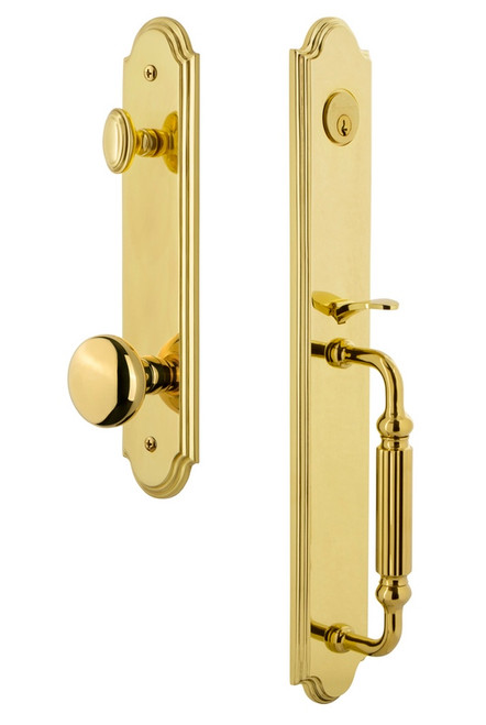 Grandeur Hardware - Arc One-Piece Handleset with F Grip and Fifth Avenue Knob in Lifetime Brass - ARCFGRFAV - 843970