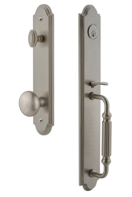 Grandeur Hardware - Arc One-Piece Handleset with F Grip and Fifth Avenue Knob in Satin Nickel - ARCFGRFAV - 843983