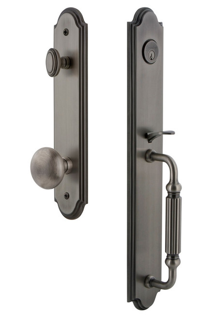 Grandeur Hardware - Arc One-Piece Handleset with F Grip and Fifth Avenue Knob in Antique Pewter - ARCFGRFAV - 843960