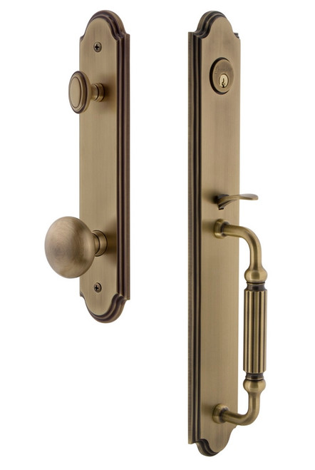 Grandeur Hardware - Arc One-Piece Dummy Handleset with F Grip and Fifth Avenue Knob in Vintage Brass - ARCFGRFAV - 848591