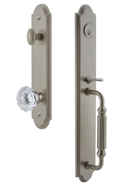 Grandeur Hardware - Arc One-Piece Handleset with F Grip and Fontainebleau Knob in Satin Nickel - ARCFGRFON - 844042