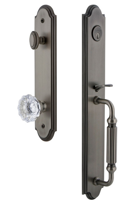 Grandeur Hardware - Arc One-Piece Handleset with F Grip and Fontainebleau Knob in Antique Pewter - ARCFGRFON - 844020