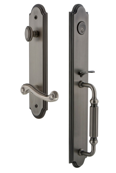 Grandeur Hardware - Arc One-Piece Handleset with F Grip and Newport Lever in Antique Pewter - ARCFGRNEW - 846903