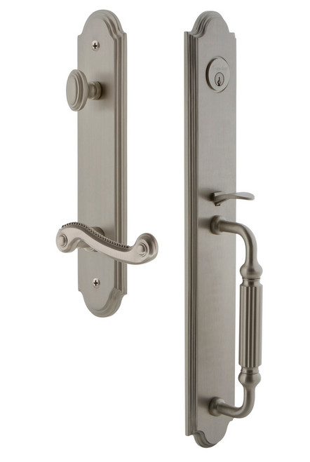 Grandeur Hardware - Arc One-Piece Handleset with F Grip and Newport Lever in Satin Nickel - ARCFGRNEW - 846951