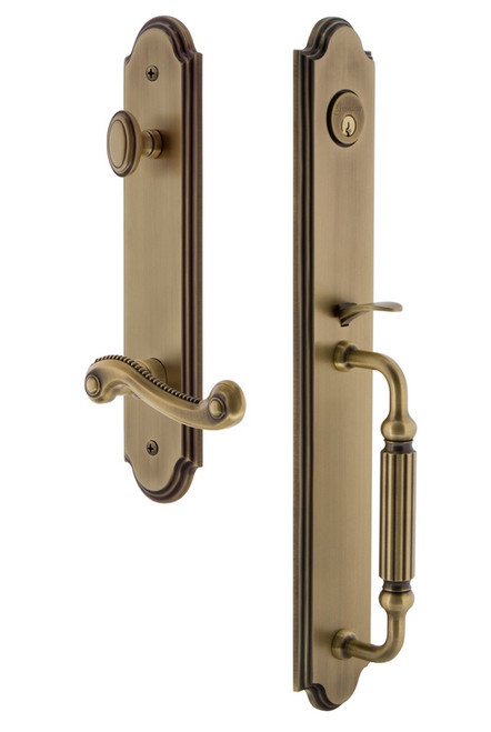 Grandeur Hardware - Arc One-Piece Handleset with F Grip and Newport Lever in Vintage Brass - ARCFGRNEW - 846999
