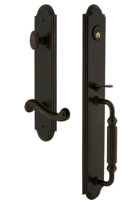 Grandeur Hardware - Arc One-Piece Handleset with F Grip and Newport Lever in Timeless Bronze - ARCFGRNEW - 846972