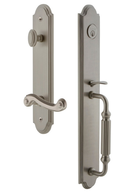 Grandeur Hardware - Arc One-Piece Handleset with F Grip and Newport Lever in Satin Nickel - ARCFGRNEW - 846952