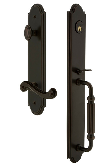 Grandeur Hardware - Arc One-Piece Handleset with F Grip and Newport Lever in Timeless Bronze - ARCFGRNEW - 846973