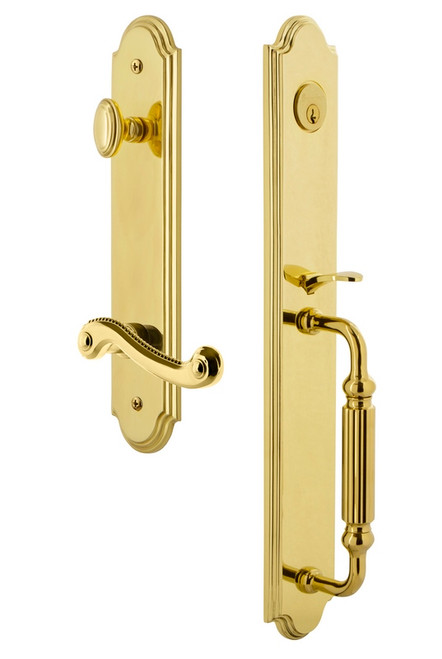 Grandeur Hardware - Arc One-Piece Handleset with F Grip and Newport Lever in Lifetime Brass - ARCFGRNEW - 846929