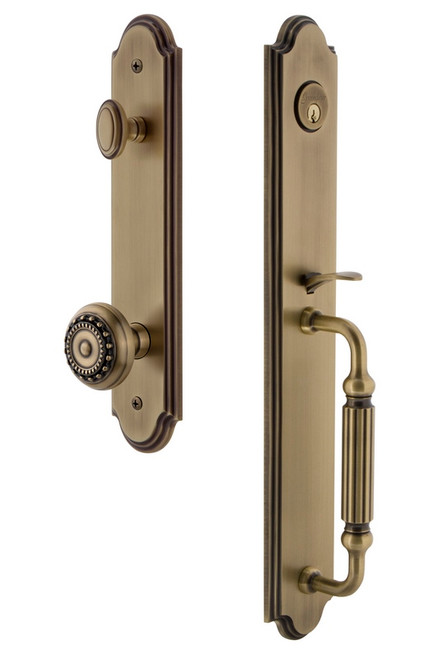 Grandeur Hardware - Arc One-Piece Handleset with F Grip and Parthenon Knob in Vintage Brass - ARCFGRPAR - 844246