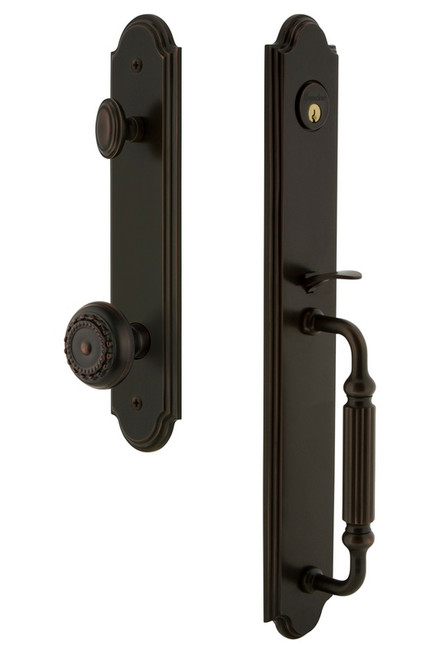 Grandeur Hardware - Arc One-Piece Handleset with F Grip and Parthenon Knob in Timeless Bronze - ARCFGRPAR - 844235