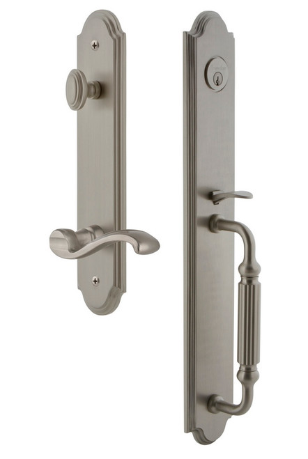 Grandeur Hardware - Arc One-Piece Handleset with F Grip and Portofino Lever in Satin Nickel - ARCFGRPRT - 847071