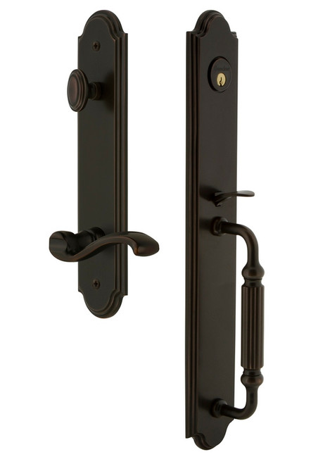 Grandeur Hardware - Arc One-Piece Handleset with F Grip and Portofino Lever in Timeless Bronze - ARCFGRPRT - 847095