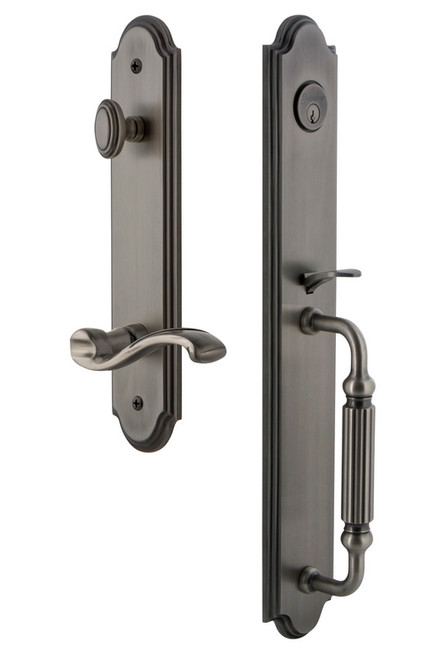Grandeur Hardware - Arc One-Piece Handleset with F Grip and Portofino Lever in Antique Pewter - ARCFGRPRT - 847026