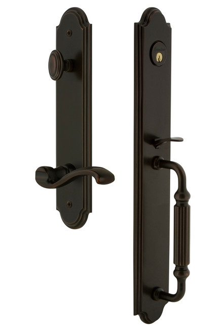 Grandeur Hardware - Arc One-Piece Handleset with F Grip and Portofino Lever in Timeless Bronze - ARCFGRPRT - 847098