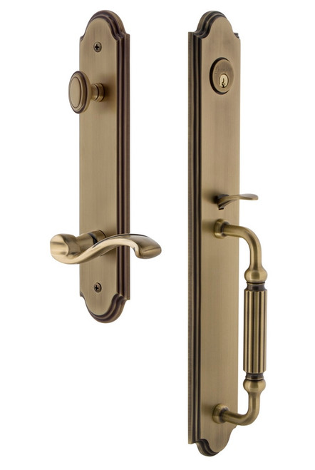 Grandeur Hardware - Arc One-Piece Handleset with F Grip and Portofino Lever in Vintage Brass - ARCFGRPRT - 847122