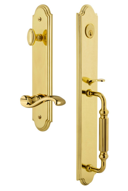 Grandeur Hardware - Arc One-Piece Handleset with F Grip and Portofino Lever in Lifetime Brass - ARCFGRPRT - 847049