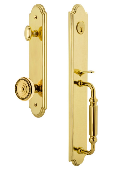 Grandeur Hardware - Arc One-Piece Handleset with F Grip and Soleil Knob in Lifetime Brass - ARCFGRSOL - 844330