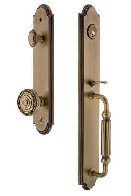 Grandeur Hardware - Arc One-Piece Handleset with F Grip and Soleil Knob in Vintage Brass - ARCFGRSOL - 844366