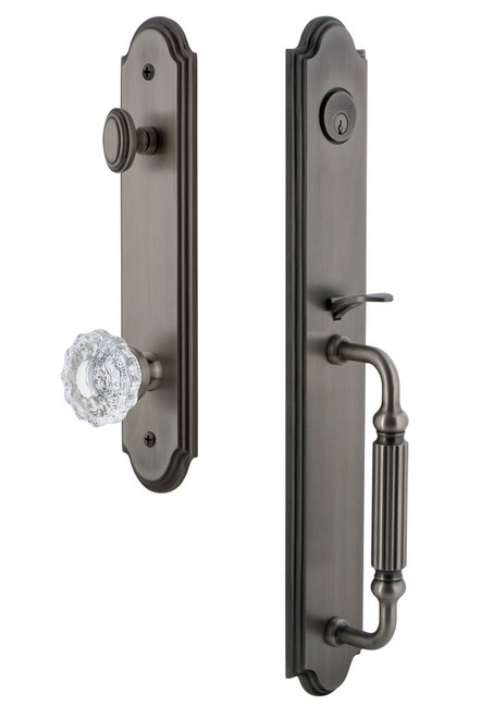 Grandeur Hardware - Arc One-Piece Handleset with F Grip and Versailles Knob in Antique Pewter - ARCFGRVER - 844381