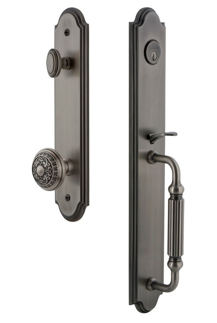 Grandeur Hardware - Arc One-Piece Handleset with F Grip and Windsor Knob in Antique Pewter - ARCFGRWIN - 844439