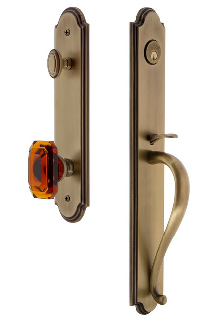 Grandeur Hardware - Arc One-Piece Handleset with S Grip and Baguette Amber Knob in Vintage Brass - ARCSGRBCA - 843470