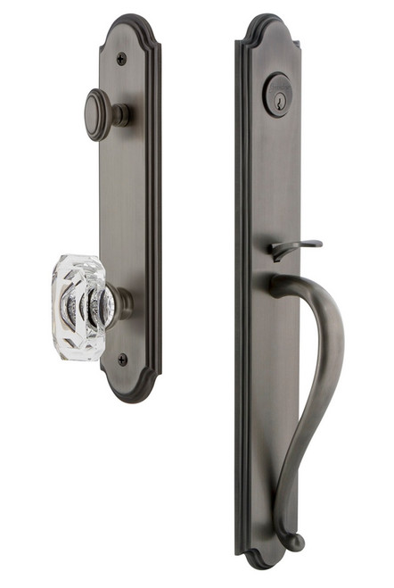 Grandeur Hardware - Arc One-Piece Handleset with S Grip and Baguette Clear Crystal Knob in Antique Pewter - ARCSGRBCC - 843483