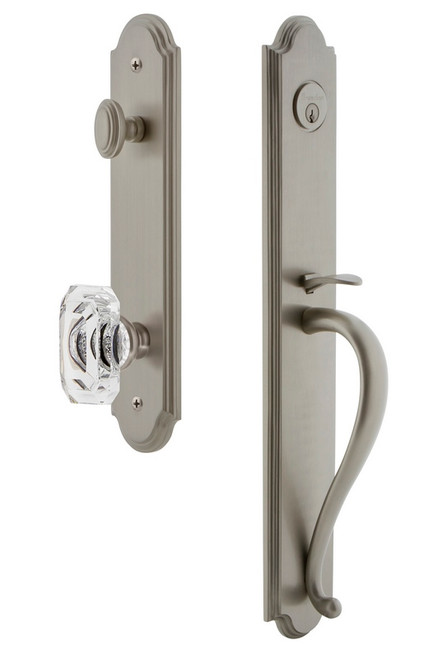 Grandeur Hardware - Arc One-Piece Handleset with S Grip and Baguette Clear Crystal Knob in Satin Nickel - ARCSGRBCC - 843506