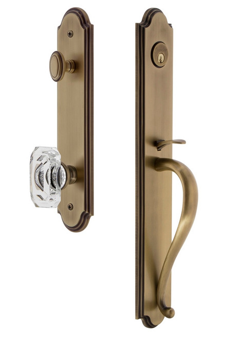 Grandeur Hardware - Arc One-Piece Handleset with S Grip and Baguette Clear Crystal Knob in Vintage Brass - ARCSGRBCC - 843530