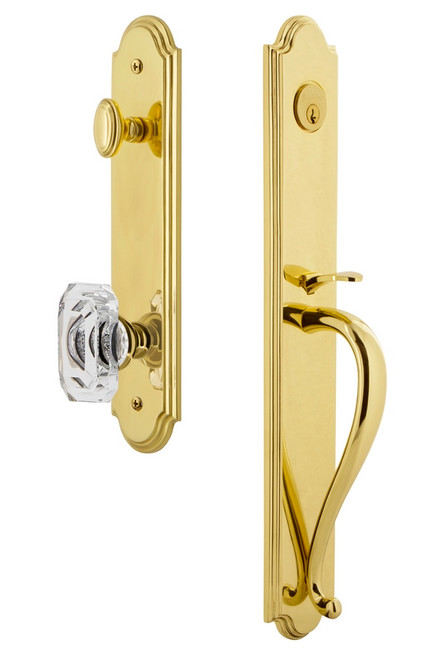Grandeur Hardware - Arc One-Piece Handleset with S Grip and Baguette Clear Crystal Knob in Lifetime Brass - ARCSGRBCC - 843495