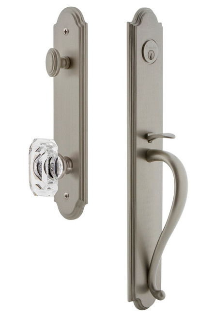 Grandeur Hardware - Arc One-Piece Handleset with S Grip and Baguette Clear Crystal Knob in Satin Nickel - ARCSGRBCC - 843507