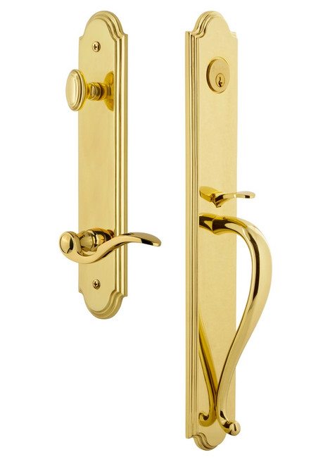 Grandeur Hardware - Arc One-Piece Handleset with S Grip and Bellagio Lever in Lifetime Brass - ARCSGRBEL - 846696