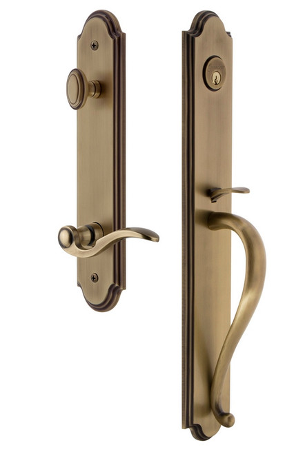 Grandeur Hardware - Arc One-Piece Handleset with S Grip and Bellagio Lever in Vintage Brass - ARCSGRBEL - 846765