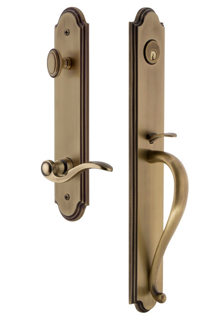 Grandeur Hardware - Arc One-Piece Dummy Handleset with S Grip and Bellagio Lever in Vintage Brass - ARCSGRBEL - 849727