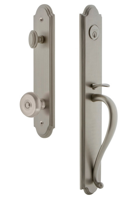 Grandeur Hardware - Arc One-Piece Handleset with S Grip and Bouton Knob in Satin Nickel - ARCSGRBOU - 843686