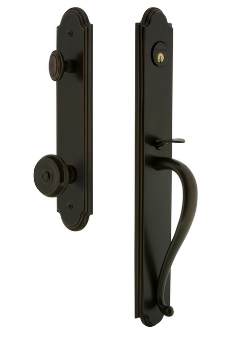 Grandeur Hardware - Arc One-Piece Handleset with S Grip and Bouton Knob in Timeless Bronze - ARCSGRBOU - 843698