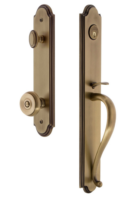 Grandeur Hardware - Arc One-Piece Handleset with S Grip and Bouton Knob in Vintage Brass - ARCSGRBOU - 843710