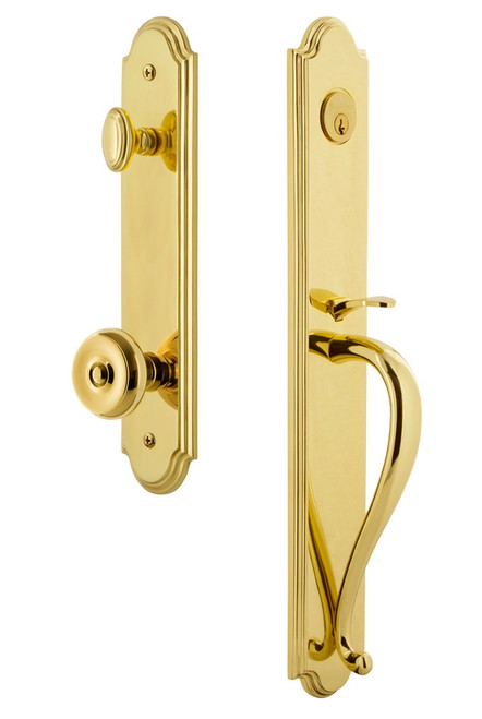 Grandeur Hardware - Arc One-Piece Handleset with S Grip and Bouton Knob in Lifetime Brass - ARCSGRBOU - 843675